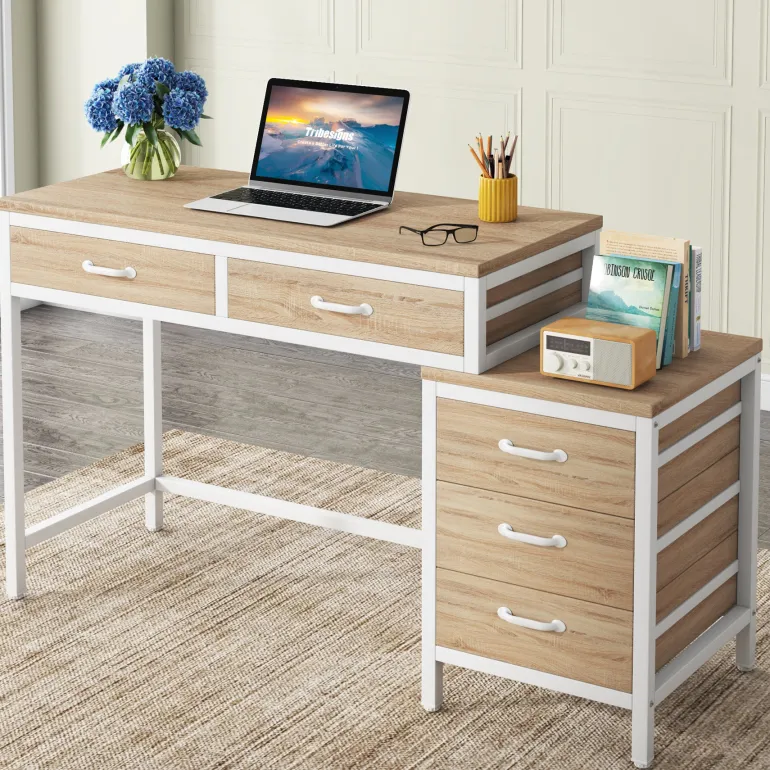 Online Tribesigns 5-Drawer Computer Desk, Study Writing Table with Reversible Drawer Cabinet