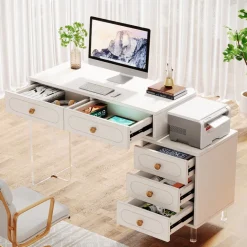 Discount Tribesigns 5-Drawer Computer Desk with Transparent Acrylic Base and Legs