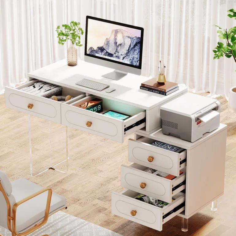 Discount Tribesigns 5-Drawer Computer Desk with Transparent Acrylic Base and Legs