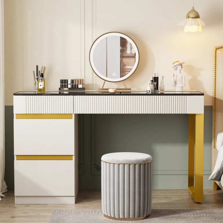 Flash Sale Tribesigns 4-Drawer Makeup Vanity, Modern Dressing Table with Glass Desktop(Without Mirror)