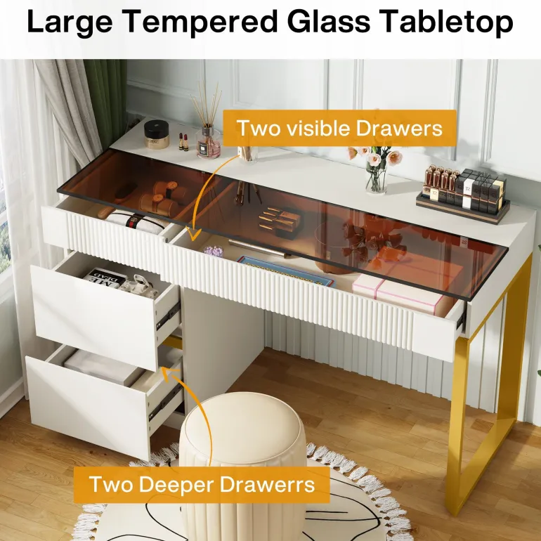 Flash Sale Tribesigns 4-Drawer Makeup Vanity, Modern Dressing Table with Glass Desktop(Without Mirror)