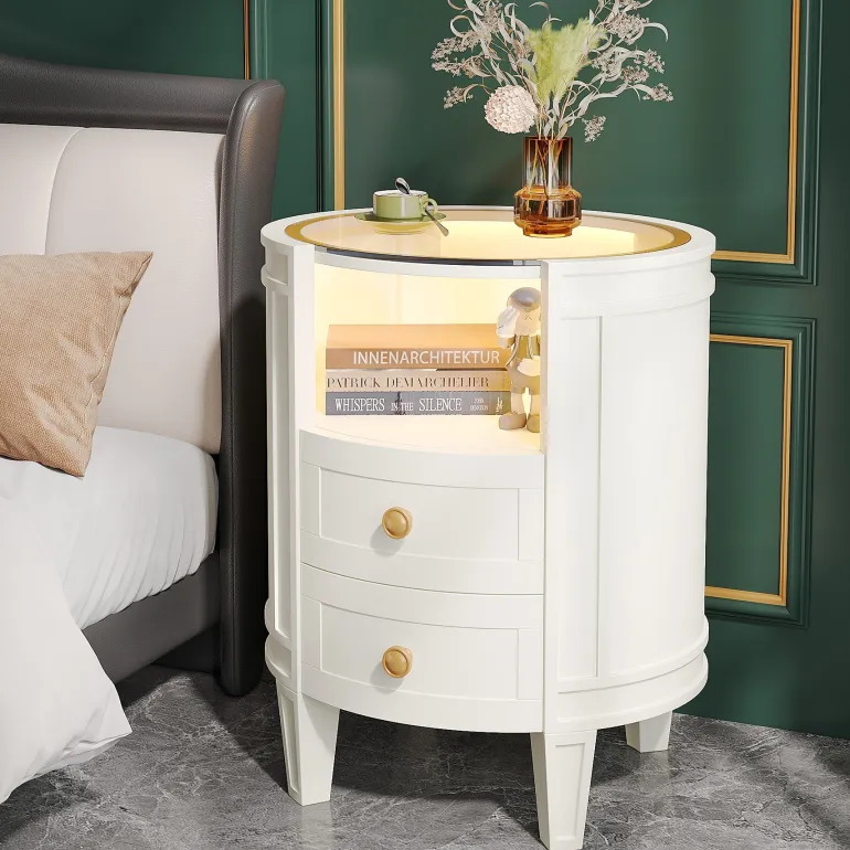 Online Tribesigns 2-Drawer Nightstand with LED Light, Modern Side Table with Glass Tabletop