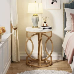Best Tribesigns End Table, Round Side Table with Faux Marble Top, Modern Bedside Table