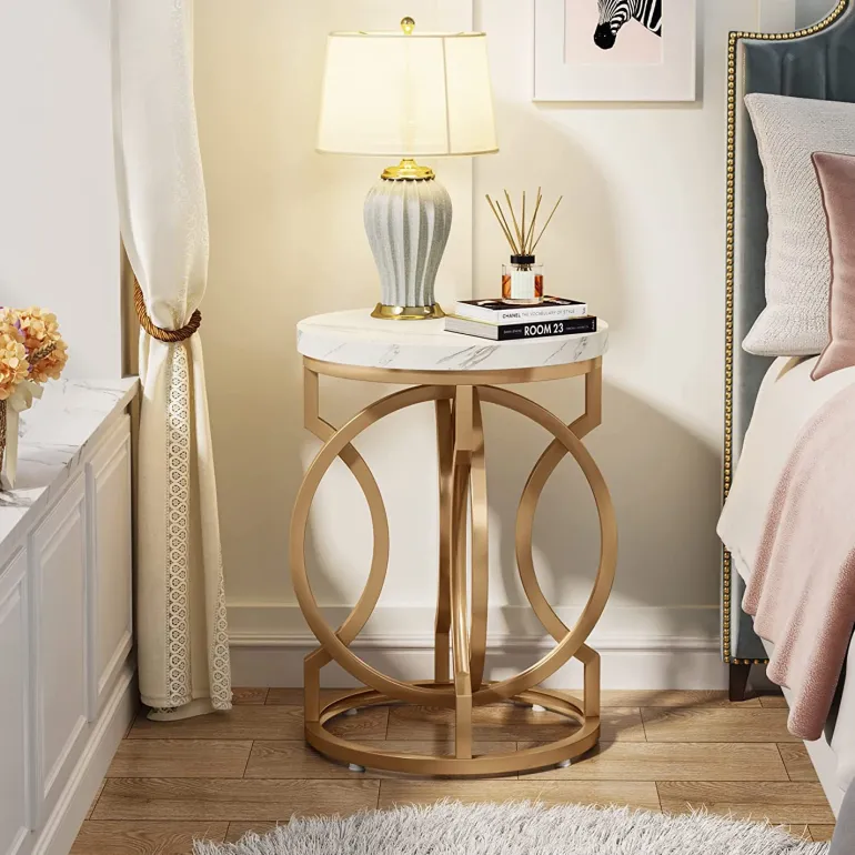 Best Tribesigns End Table, Round Side Table with Faux Marble Top, Modern Bedside Table