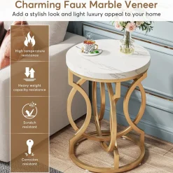 Best Tribesigns End Table, Round Side Table with Faux Marble Top, Modern Bedside Table
