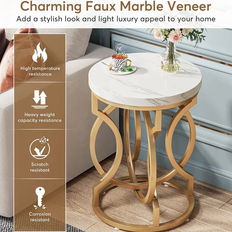Best Tribesigns End Table, Round Side Table with Faux Marble Top, Modern Bedside Table