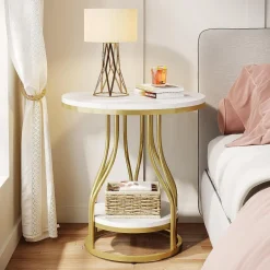 Discount Tribesigns End Table, Round 2-Tier Sofa Side Table with Metal Frame