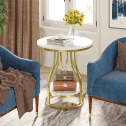 Discount Tribesigns End Table, Round 2-Tier Sofa Side Table with Metal Frame