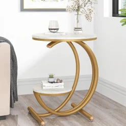 Store Tribesigns End Table, 2-Tier Faux Marble Side Table with C-Shaped Frame