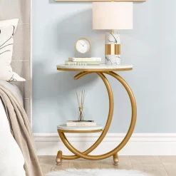 Store Tribesigns End Table, 2-Tier Faux Marble Side Table with C-Shaped Frame