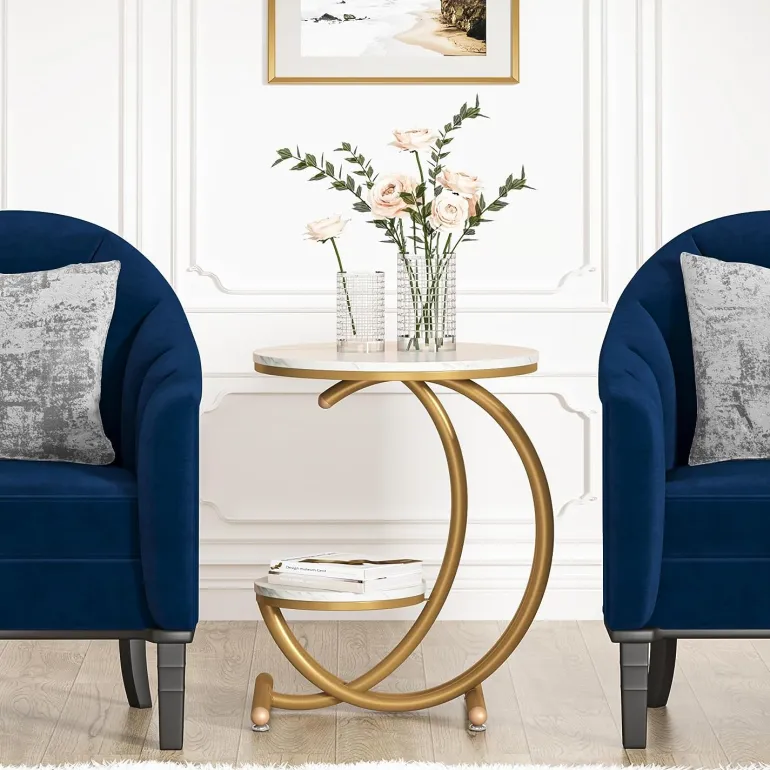 Store Tribesigns End Table, 2-Tier Faux Marble Side Table with C-Shaped Frame