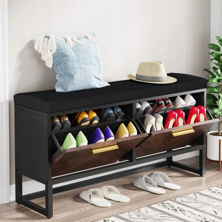 Online Tribesigns Entryway Shoe Storage Bench, Hallway Shoe Organizer with 2 Flip Drawers