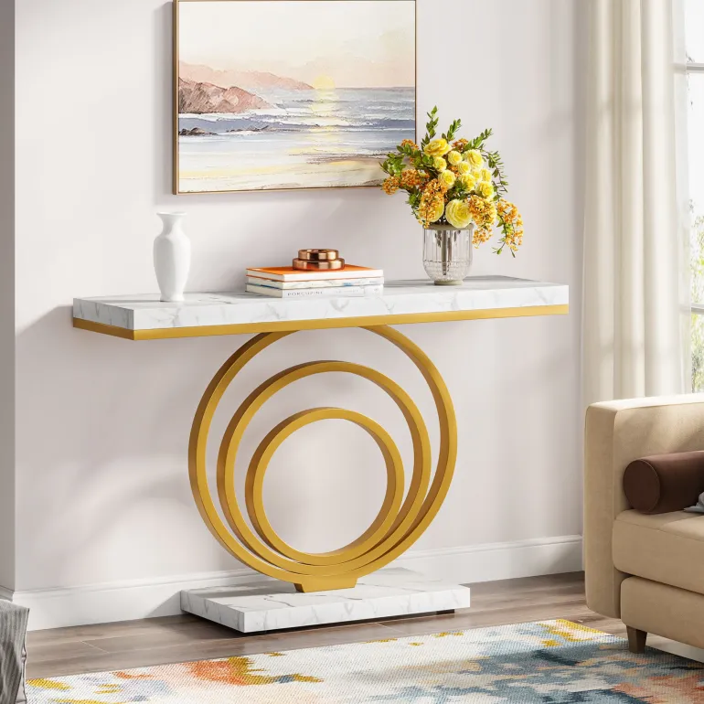 Hot Tribesigns Faux Marble Console Table, 41" Entryway Sofa Table with Gold Ring Base