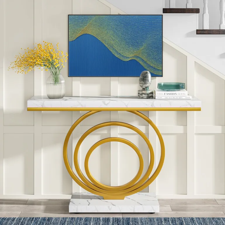 Hot Tribesigns Faux Marble Console Table, 41" Entryway Sofa Table with Gold Ring Base