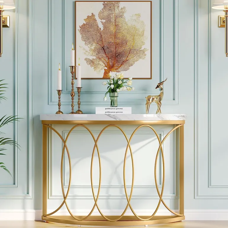 Fashion Tribesigns Faux Marble Console Table, 43" Half Moon Sofa Entryway Table