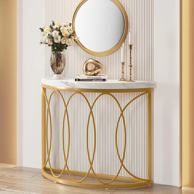 Fashion Tribesigns Faux Marble Console Table, 43" Half Moon Sofa Entryway Table