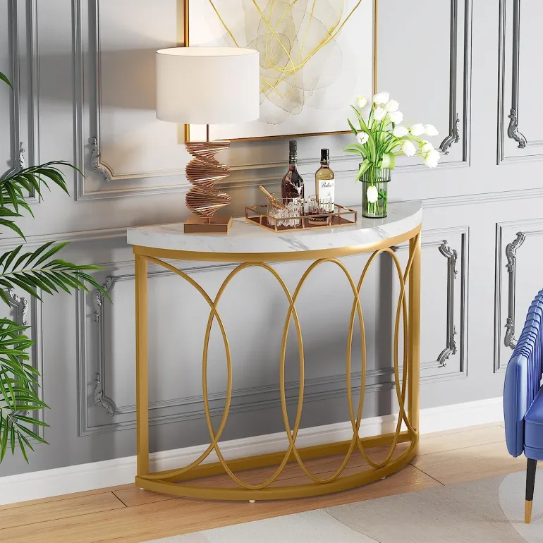 Fashion Tribesigns Faux Marble Console Table, 43" Half Moon Sofa Entryway Table