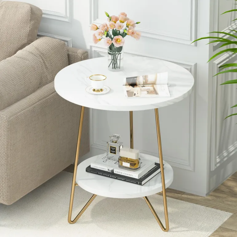 New Tribesigns Faux Marble End Table, 2 - Tier Round Sofa Bedside Table with Shelves
