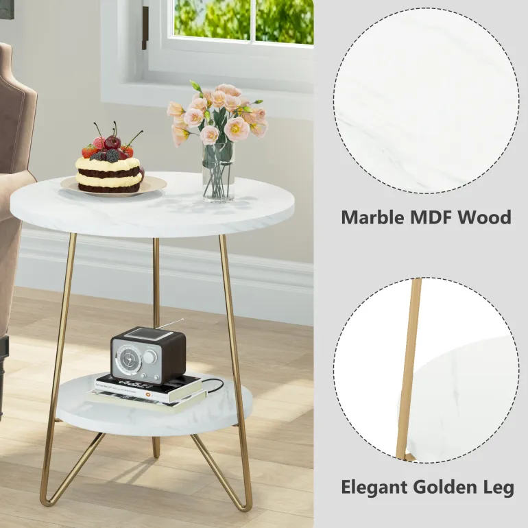 New Tribesigns Faux Marble End Table, 2 - Tier Round Sofa Bedside Table with Shelves