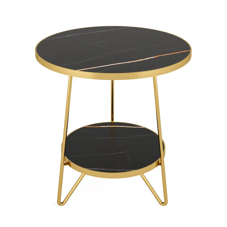 New Tribesigns Faux Marble End Table, 2 - Tier Round Sofa Bedside Table with Shelves