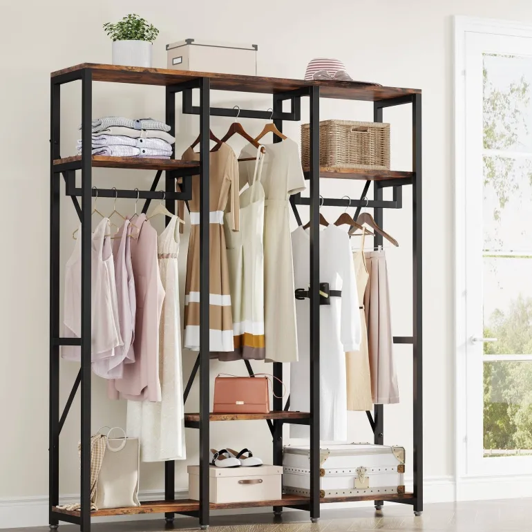 Cheap Tribesigns Freestanding Closet Organizer, Industrial 3 Rod Garment Rack