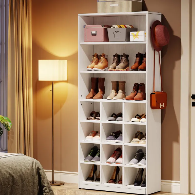 New Tribesigns Freestanding Shoe Cabinet, 24 Pair Shoe Rack with Side Hooks