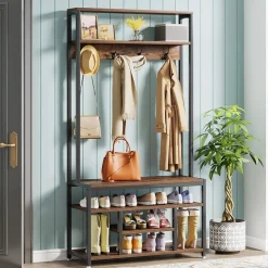 Clearance Tribesigns Front view of 's Coat Rack Shoe Bench, Entryway Hall Tree with Hooks & Shelves.
