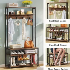 Clearance Tribesigns Front view of 's Coat Rack Shoe Bench, Entryway Hall Tree with Hooks & Shelves.