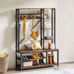 Outlet Tribesigns Front view of ‘s Freestanding Coat Rack Shoe Bench, 4-in-1 Entryway Hall Tree with Shelves.