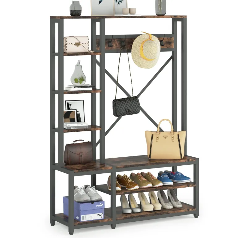 Outlet Tribesigns Front view of ‘s Freestanding Coat Rack Shoe Bench, 4-in-1 Entryway Hall Tree with Shelves.