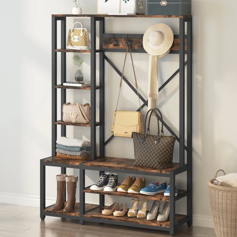 Outlet Tribesigns Front view of ‘s Freestanding Coat Rack Shoe Bench, 4-in-1 Entryway Hall Tree with Shelves.