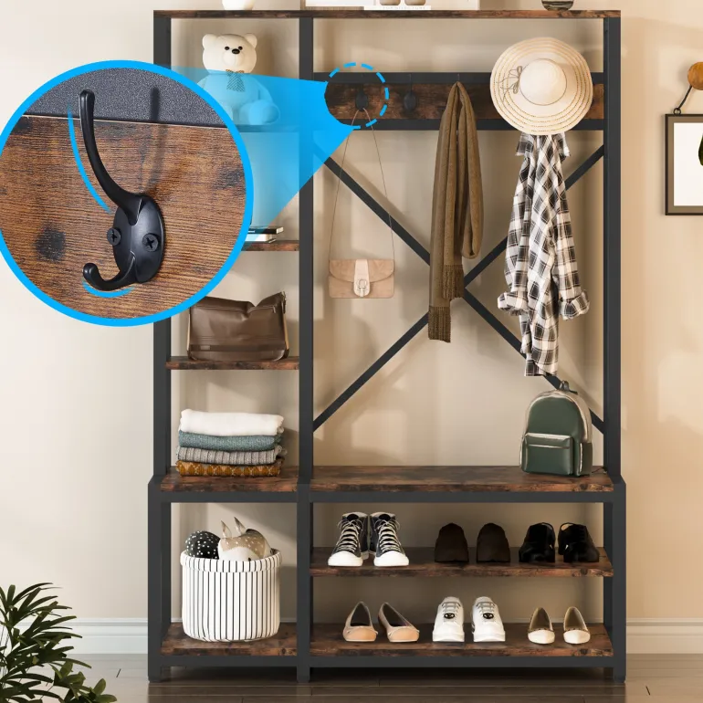 Outlet Tribesigns Front view of ‘s Freestanding Coat Rack Shoe Bench, 4-in-1 Entryway Hall Tree with Shelves.
