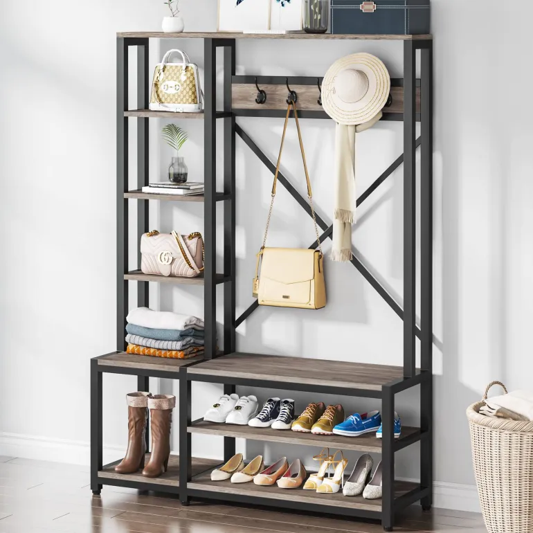 Outlet Tribesigns Front view of ‘s Freestanding Coat Rack Shoe Bench, 4-in-1 Entryway Hall Tree with Shelves.