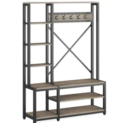 Outlet Tribesigns Front view of ‘s Freestanding Coat Rack Shoe Bench, 4-in-1 Entryway Hall Tree with Shelves.