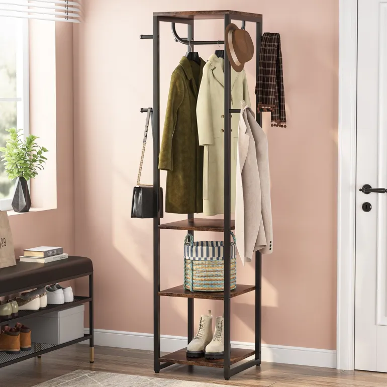 Cheap Tribesigns Full-frontal shot of 's Coat Rack, Freestanding Corner Hall Tree with 4 Shelves 8 Hooks.