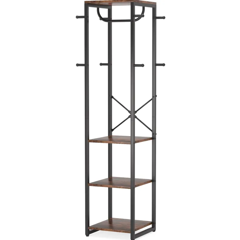Cheap Tribesigns Full-frontal shot of 's Coat Rack, Freestanding Corner Hall Tree with 4 Shelves 8 Hooks.