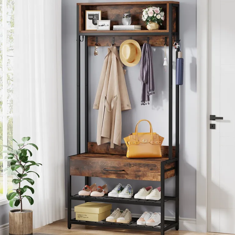 Online Tribesigns Full-frontal shot of 's Industrial Coat Rack Shoe Bench, Entryway Hall Tree with Drawer & Hooks.