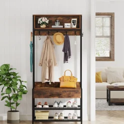 Online Tribesigns Full-frontal shot of 's Industrial Coat Rack Shoe Bench, Entryway Hall Tree with Drawer & Hooks.