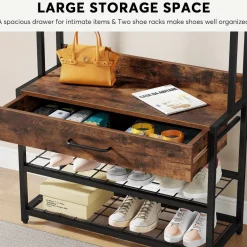 Online Tribesigns Full-frontal shot of 's Industrial Coat Rack Shoe Bench, Entryway Hall Tree with Drawer & Hooks.