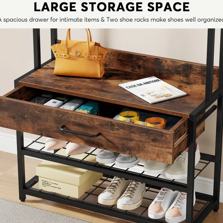 Online Tribesigns Full-frontal shot of 's Industrial Coat Rack Shoe Bench, Entryway Hall Tree with Drawer & Hooks.