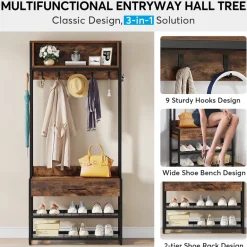 Online Tribesigns Full-frontal shot of 's Industrial Coat Rack Shoe Bench, Entryway Hall Tree with Drawer & Hooks.