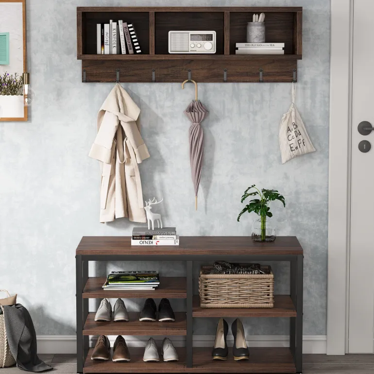 Cheap Tribesigns Hallway view of 's 5 IN 1 Coat Rack Shoe Bench Set, Hall Tree with Wall Mounted Shelf.