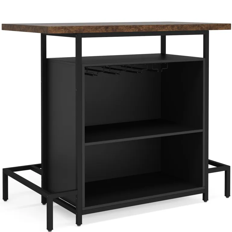 Cheap Tribesigns Home Bar Unit, Industrial 3-Tier Liquor Bar Table with Glasses Holder