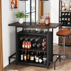 Cheap Tribesigns Home Bar Unit, Industrial 3-Tier Liquor Bar Table with Glasses Holder