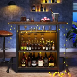 Cheap Tribesigns Home Bar Unit, Industrial 3-Tier Liquor Bar Table with Glasses Holder