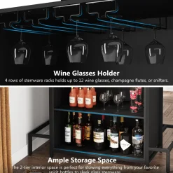 Cheap Tribesigns Home Bar Unit, Industrial 3-Tier Liquor Bar Table with Glasses Holder