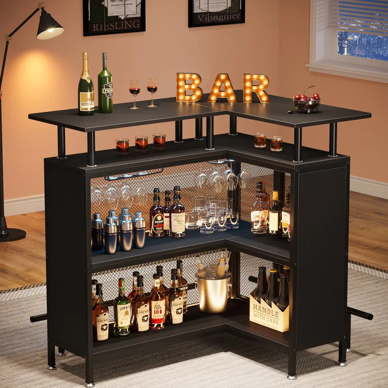 Cheap Tribesigns Home Bar Unit, L-Shaped Liquor Bar Table with Glasses Holders & Shelves