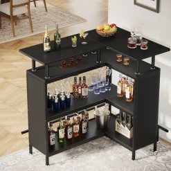 Cheap Tribesigns Home Bar Unit, L-Shaped Liquor Bar Table with Glasses Holders & Shelves