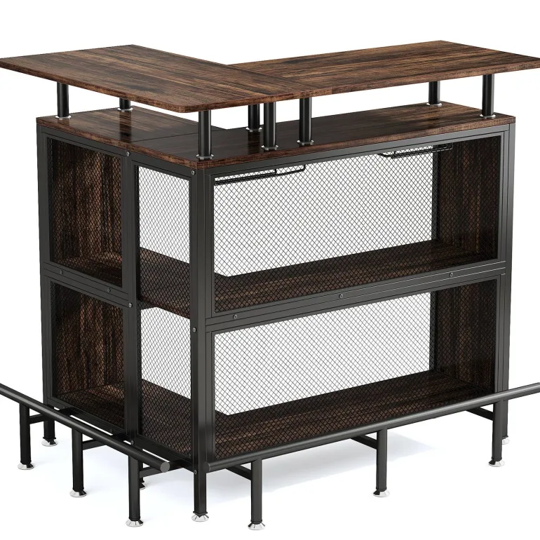 Cheap Tribesigns Home Bar Unit, L-Shaped Liquor Bar Table with Glasses Holders & Shelves