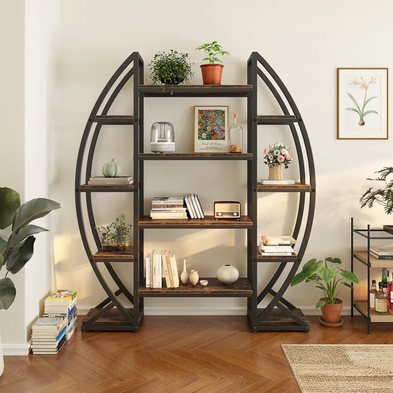 Store Tribesigns Industrial Bookshelf, Oval Triple Wide Etagere Bookcases Display Shelves